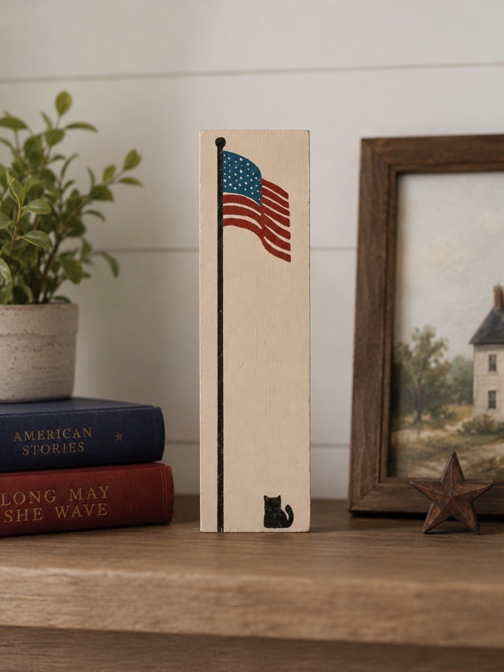 Cat’s Meow Village American Flag Black Cat Wooden Shelf Sitter Patriotic Decor